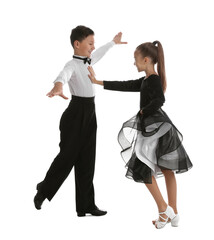 Beautifully dressed couple of kids dancing on white background