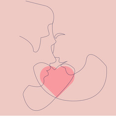 pink line art kissing lovers with heart