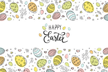 Happy Easter Greeting Card. Hand drawn Easter Eggs with decorative elements for wallpaper, flyer, poster, brochure, banners, sticker, print, invitation design and decoration. Doodle style