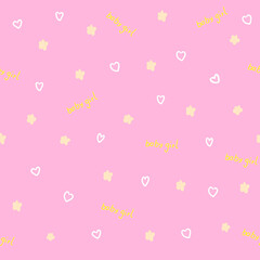 seamless pattern with hearts,flowers and lettering baby girl,childish print for wallpaper,kids fabric,nursery interior,pastel baby shower illustration in doodle style,pink background