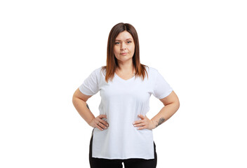 Half-length portrait of woman without make-up in casual clothes style looking at camera isolated on...