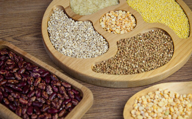 Grain crops. Millet, rice, peas. Healthy eating, vegetarianism, vegetable food