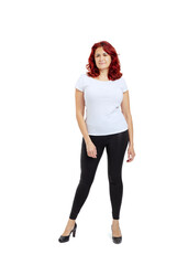 Fototapeta premium Full-length portrait of attractive woman wearing white t-shirt and jeans posing isolated on white studio background. Body positive concept