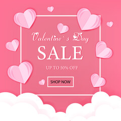 Valentines day sale cut paper style paper hearts and clouds Sale discount text for valentine's day shopping promotion with heart elements on trendy background Vector illustration