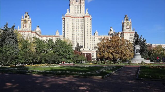 The Main building of Lomonosov Moscow State University on Sparrow Hills (autumn sunny day). It is the highest-ranking Russian educational institution. Russia  