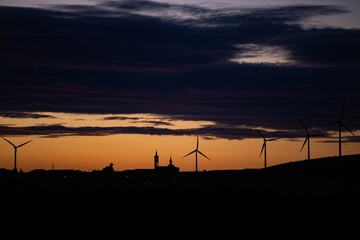 Wind turbines for electric power production, Zaragoza Province, Aragon in Spain.