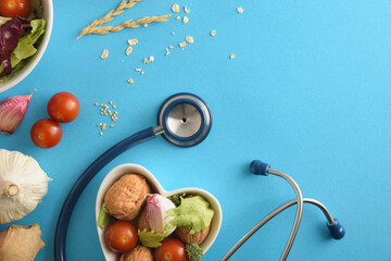 Diet food for health with heart bowl and stetoscope top