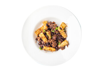 rigatoni pasta beans sauce healthy meal food diet snack on the table copy space food background rustic. top view veggie vegan or vegetarian food no meat