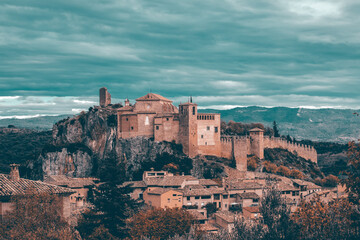 View of the typical spanish medieval village of Alquezar above Vera river in Aragon region, Huesca, Spain