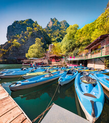 Exciting spring view of popular tourist destination - Matka Canyon. Spectacular morning scene of North Macedonia, Europe. Traveling concept background. - obrazy, fototapety, plakaty