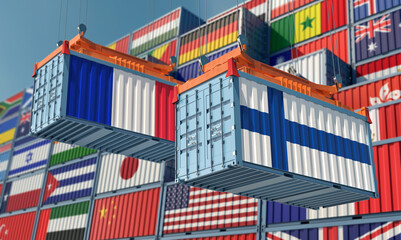 Freight containers with France and Finland national flags. 3D Rendering 