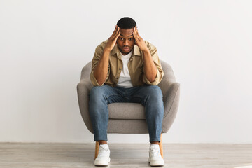 Concerned African American Guy Thinking Worrying About Problems, Gray Background - obrazy, fototapety, plakaty