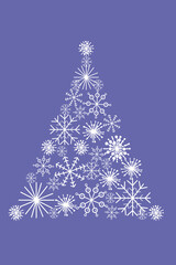 Raster illustration of Christmas and New Year, a tree made of snowflakes on the trendy color of the year Very Peri. patterns for fabric, wrapping paper or postcards, for printing on tablecloths. place