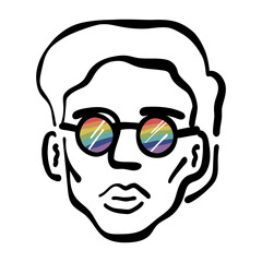 Optimist, positive thinking, changing reality. Young man wearing round eyeglasses with a rainbow visible through.