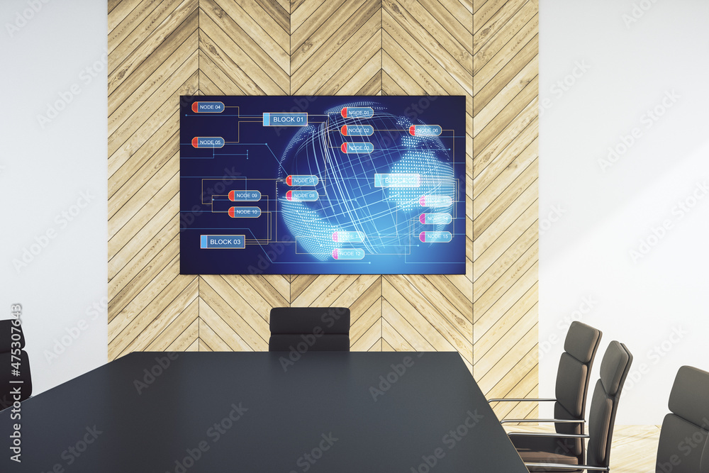 Aufkleber abstract programming language and world map on presentation tv screen in a modern meeting room, rese