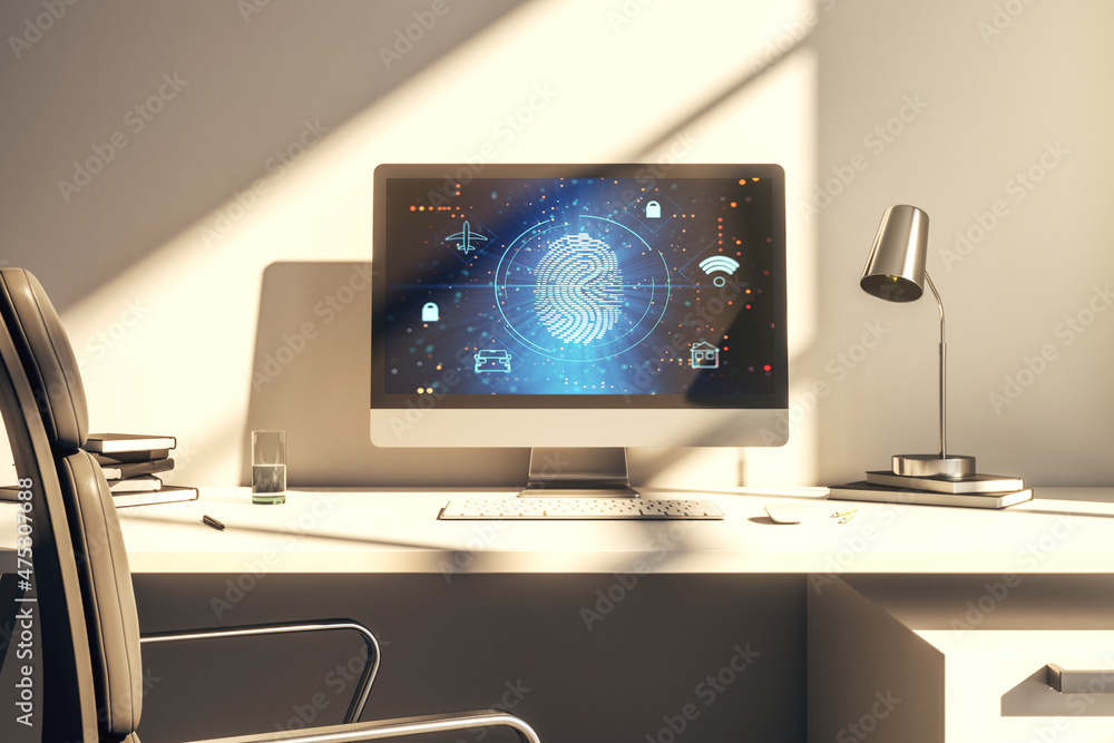 Poster Computer monitor with abstract fingerprint scan interface, digital access concept. 3D Rendering