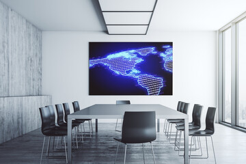 America map on presentation tv screen in a modern meeting room, research and strategy concept. 3D Rendering