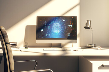 Computer monitor with abstract fingerprint scan interface, digital access concept. 3D Rendering