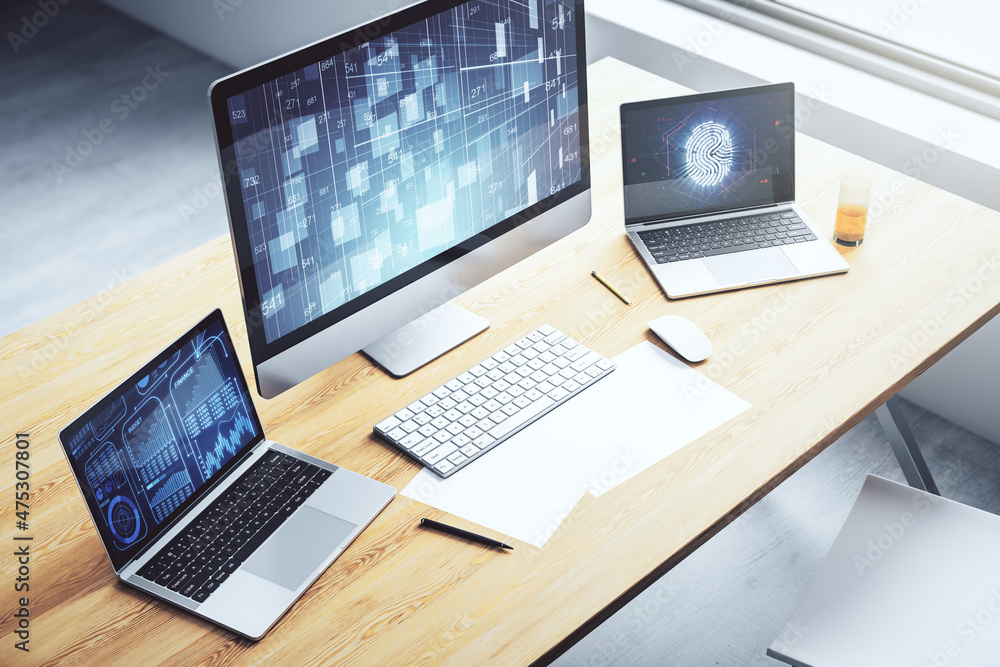 Poster stats data illustration on modern laptop monitor, computing and analytics concept. 3d rendering