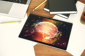Creative artificial Intelligence concept with human brain sketch on modern digital tablet display. Top view. 3D Rendering