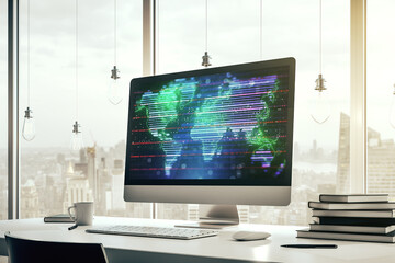 Abstract graphic world map on modern laptop screen, connection and communication concept. 3D Rendering