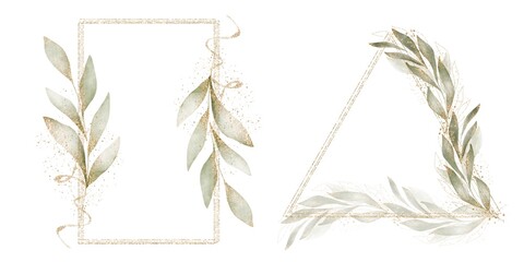 Watercolor Gold glitter arrangements with leaves, herbs. Herbal illustration. Botanic composition for wedding, greeting card. Watercolor wreathes and frames.