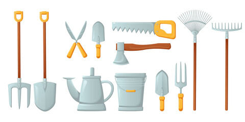 Gardening tools set isolated on white background. Shovel, bucket, pitchfork, rake, pruner, ax, saw, watering can, garden shovels and fork for loosening the earth. Vector illustration in a flat style