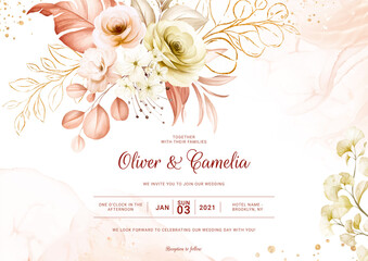 Landscape floral wedding invitation card with pastel floral decoration. Foliage design concept