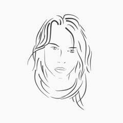 Handwritten female portrait, sensual maiden face, minimalist linear style, tender beauty girl in scarf with disheveled hair. Vector hand drawn illustration