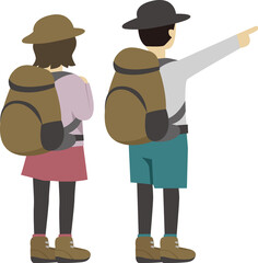 後ろ向きで指をさす登山男女ペアセット1