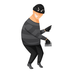 Obraz premium Vector cartoon illustration of a thief or pickpocket in a mask sneaks on tiptoe and steals bank cards or money.