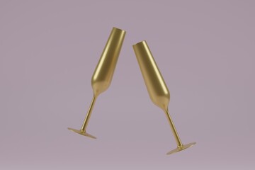 Flying golden champagne cups for The New Year. 3d Image