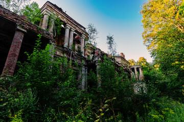 Old ruined overgrown abandoned mansion. Former manor Stepanovskoe-Pavlishchevo, Kaluga region