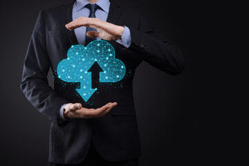 Man hold Cloud icon technology. Polygonal wireframe cloud storage sign with two arrows up and down....