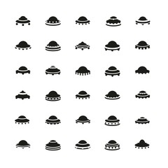 set of black icons and flying tarkle ufo. vector