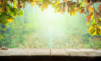 Naklejka na ściany i meble Autumn Background. Wooden table and autumn leaves.