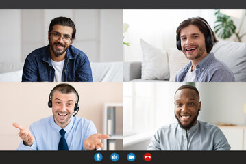 Online group conference. Screen with multinational men making video call, communicating to each...