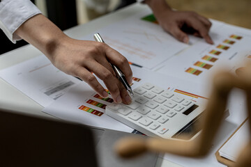 A female financier is reviewing company financial documents, monthly financial statement summary from the finance department. The concept of managing the company's finances for accuracy and growth.