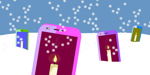 Festive theme on the mobile phone screen. Fantasy. MERRY CHRISTMAS. Creative 3D illustration. Cute aesthetic. Snowflakes. Lit candle. Traditional decoration idea. NATIVITY scene ornament.