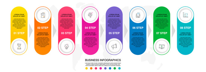 Business vector infographics with 8 circles and labels. Timeline visualization with eight steps for diagram, flowchart, banner, presentations, web, content, levels, chart, graphic