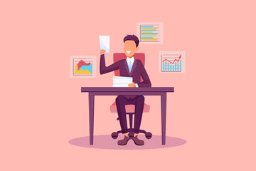 Vector of a business man sitting at desk analysing financial reports