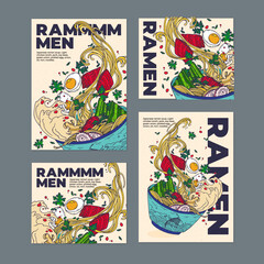 Vector flat cartoon illustration. Japanese ramen soup with herbs, egg, seaweed in a plate with fish