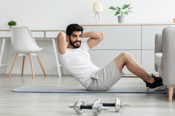 Obraz premium Training in covid-19 quarantine, sports workout, gym at home and healthy lifestyle