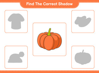 Find the correct shadow. Find and match the correct shadow of Pumpkin. Educational children game, printable worksheet, vector illustration