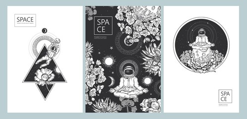 Set of space banners. Planets, flower and astronaut. Astronaut in the lotus position, flowers and moon. © Tutsi_N
