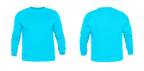 Blank long sleeve T Shirts color sky blue invisible mannequin template front and back view on white background
