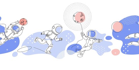 Seamless pattern. Astronauts play football. Space. Goalkeeper. One line drawing.