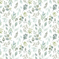 Watercolor hand-drawn floral spring background seamless pattern with spring green leaves. Hand made illustration on white background. for textile, greeting cards,wallpaper, valentine day, holiday.