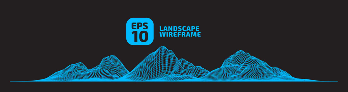 Abstract wireframe background. 3D Blue grid on black background. Technology illustration landscape. Digital Terrain Cyberspace in the Mountains with valleys. Data Array. | EPS10 Vector.