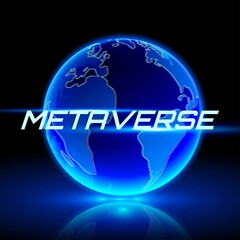 METAVERSE text on hologram planet earth. Internet supporting persistent online 3D virtual environments.